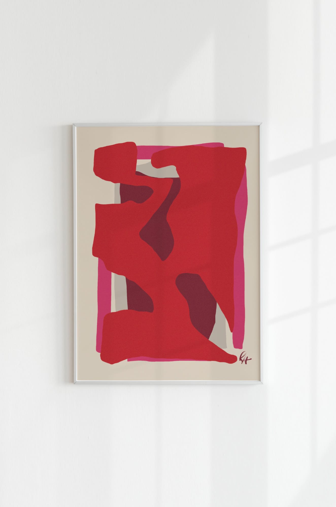 Art print 'Remember Me' in a white frame mounted on a white wall, with soft, window-shaped shadows cast across the surface.