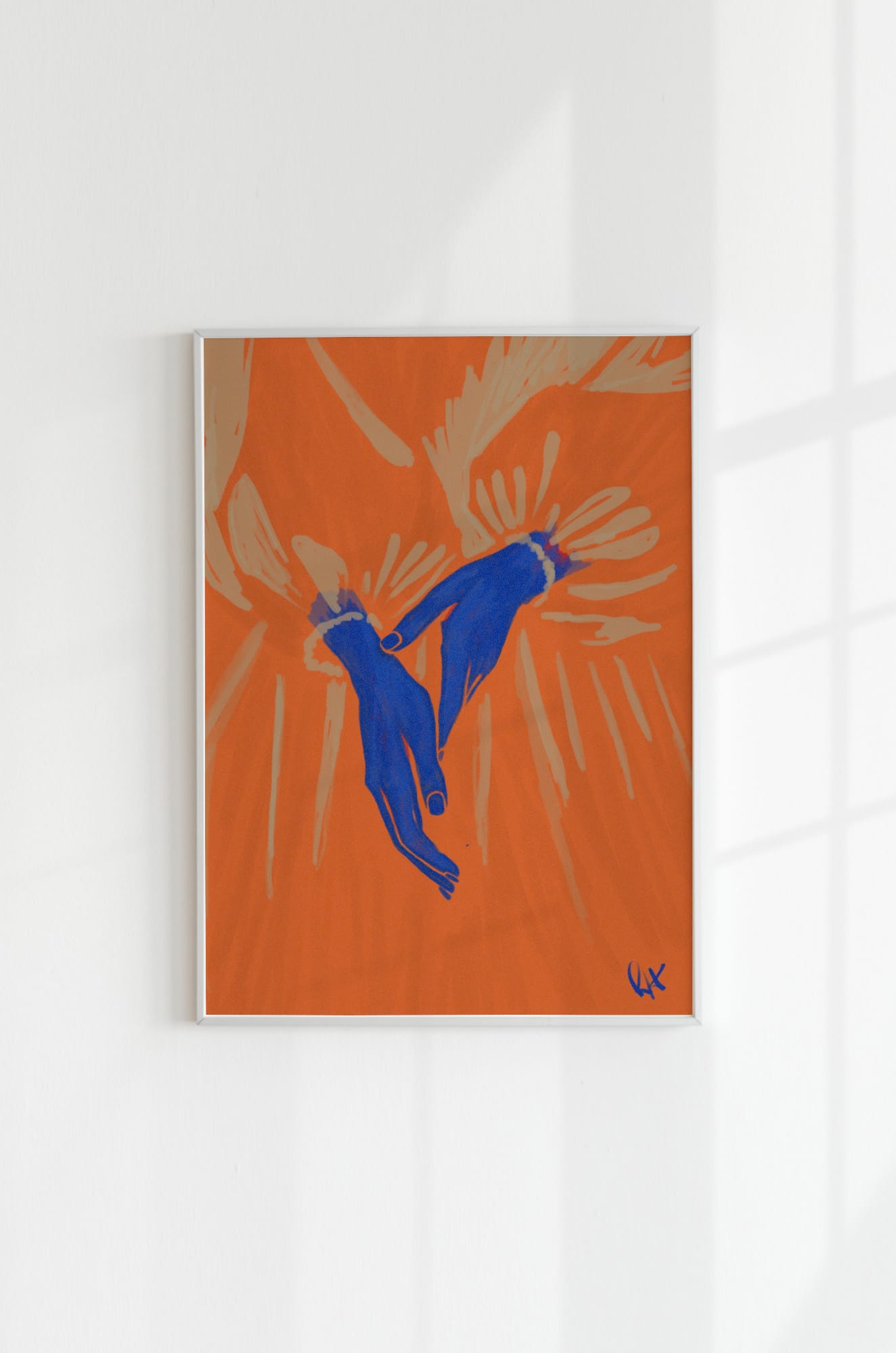 Art print 'Maartje II' in a white frame mounted on a white wall, with soft, window-shaped shadows cast across the surface.