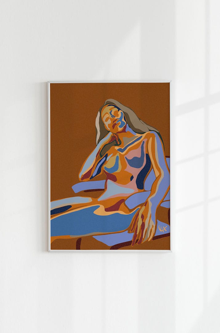 Art print 'Chemical II' in a white frame mounted on a white wall, with soft, window-shaped shadows cast across the surface.