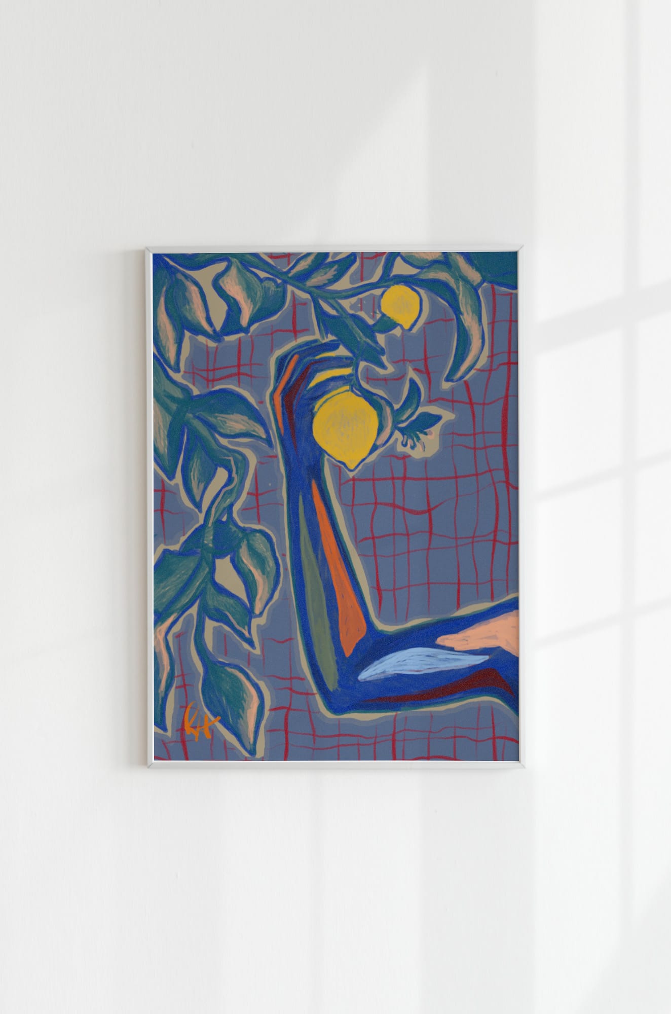Art print 'After The Sun' in a white frame mounted on a white wall, with soft, window-shaped shadows cast across the surface.