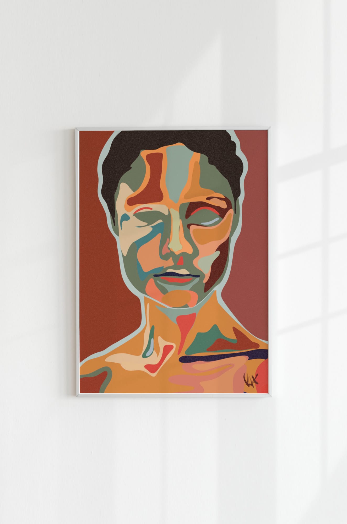 Art print 'You Are I, I Am We' in a white frame mounted on a white wall, with soft, window-shaped shadows cast across the surface.