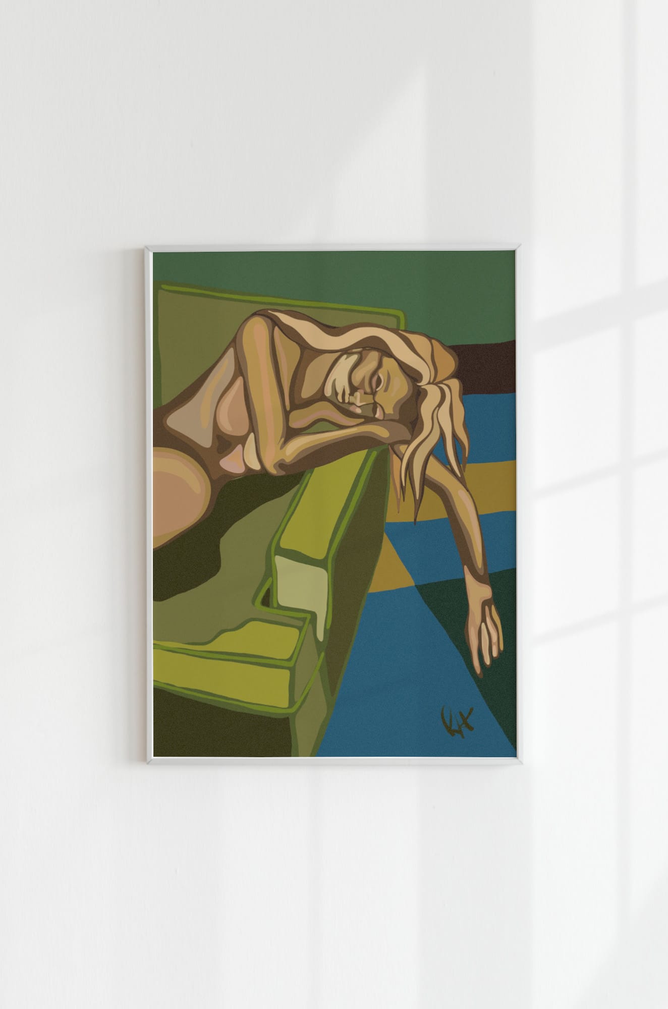 Art print 'Let You Let Me Down' in a white frame mounted on a white wall, with soft, window-shaped shadows cast across the surface.