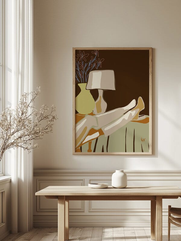 Modern European-style Scandinavian dining room featuring a beautifully styled table with ceramic decor, sheer curtains, and a striking large premium canvas art print called "Take My Love, Take It Down III – Framed Canvas Art" framed in a high-quality natural maple floating frame, adding a touch of sophistication to the space.