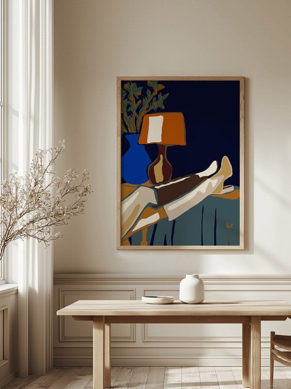 Modern European-style Scandinavian dining room featuring a beautifully styled table with ceramic decor, sheer curtains, and a striking large premium canvas art print called "Take My Love, Take It Down II – Framed Canvas Art" framed in a high-quality natural maple floating frame, adding a touch of sophistication to the space.