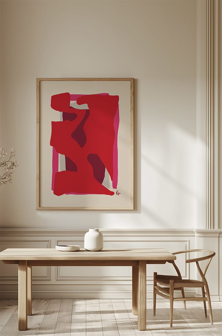 Modern European-style Scandinavian dining room featuring a beautifully styled table with ceramic decor, sheer curtains, and a striking large premium canvas art print called "Remember Me" framed in a high-quality natural maple floating frame, adding a touch of sophistication to the space.