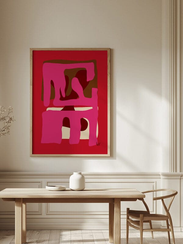 Modern European-style Scandinavian dining room featuring a beautifully styled table with ceramic decor, sheer curtains, and a striking large premium canvas art print called "Fight Me" framed in a high-quality natural maple floating frame, adding a touch of sophistication to the space.