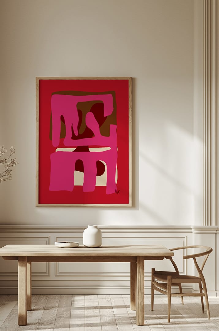 Modern European-style Scandinavian dining room featuring a beautifully styled table with ceramic decor, sheer curtains, and a striking large premium canvas art print called "Fight Me" framed in a high-quality natural maple floating frame, adding a touch of sophistication to the space.