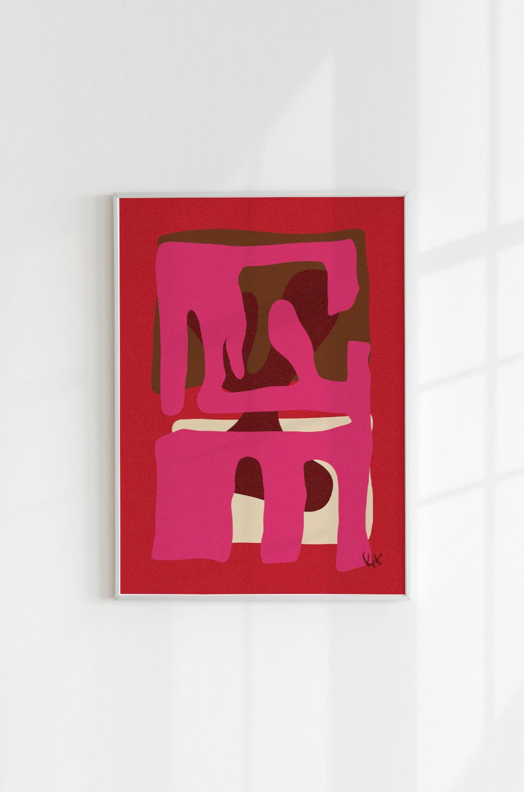 Art print 'Fight Me' in a white frame mounted on a white wall, with soft, window-shaped shadows cast across the surface.